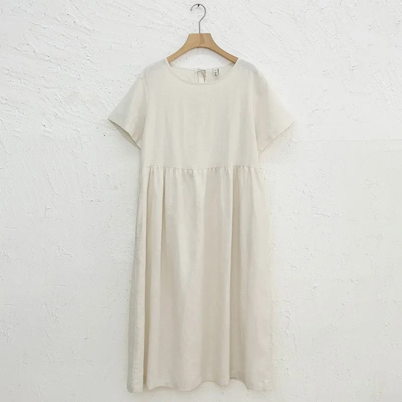 Summer Cotton Linen Blended Thin And Breathable Dress Women Literary Big Swing Short Sleeve Solid Loose Casual Female Dresses