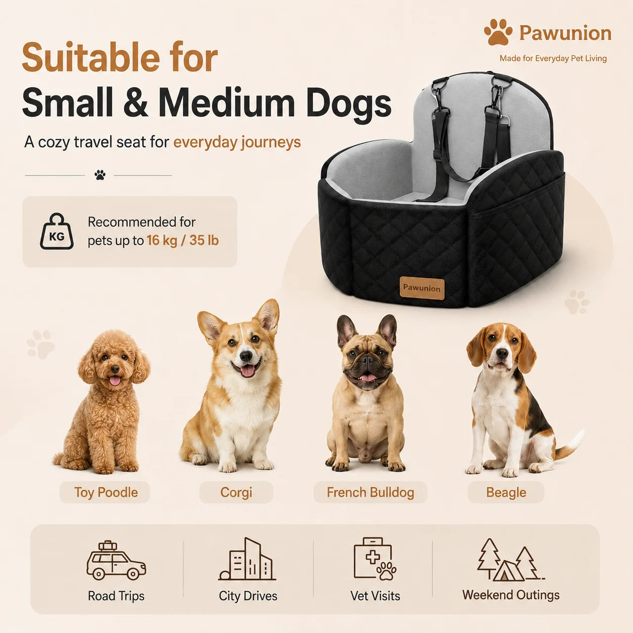 Dog Car Seat for Small/Medium/Large Dogs, Memory Foam Dog Booster Seat with Thick Cushion cool mat up to 55 lbs or 2 Small Dogs, Travel Pet Car Seat with Detachable Washable Cover, 2 Safety Leashes