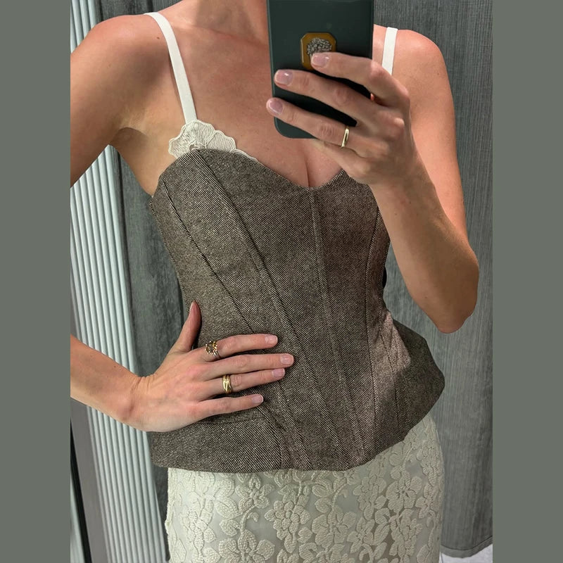 Chic Floral Printed Cami Corset Top Thin Straps U Neck Structured Waist Pointed Hem Vintage 2026 Spring Summer Vacation Lady Top