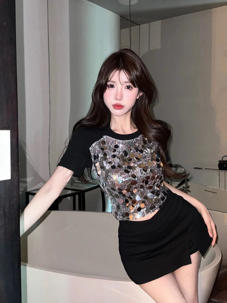 Rhinestone Slim Black Tops Woman Sexy Crop Clearance Y2k Fashion Korea Pulovers Trending Clothing Vintage Kpop T Shirt for Women