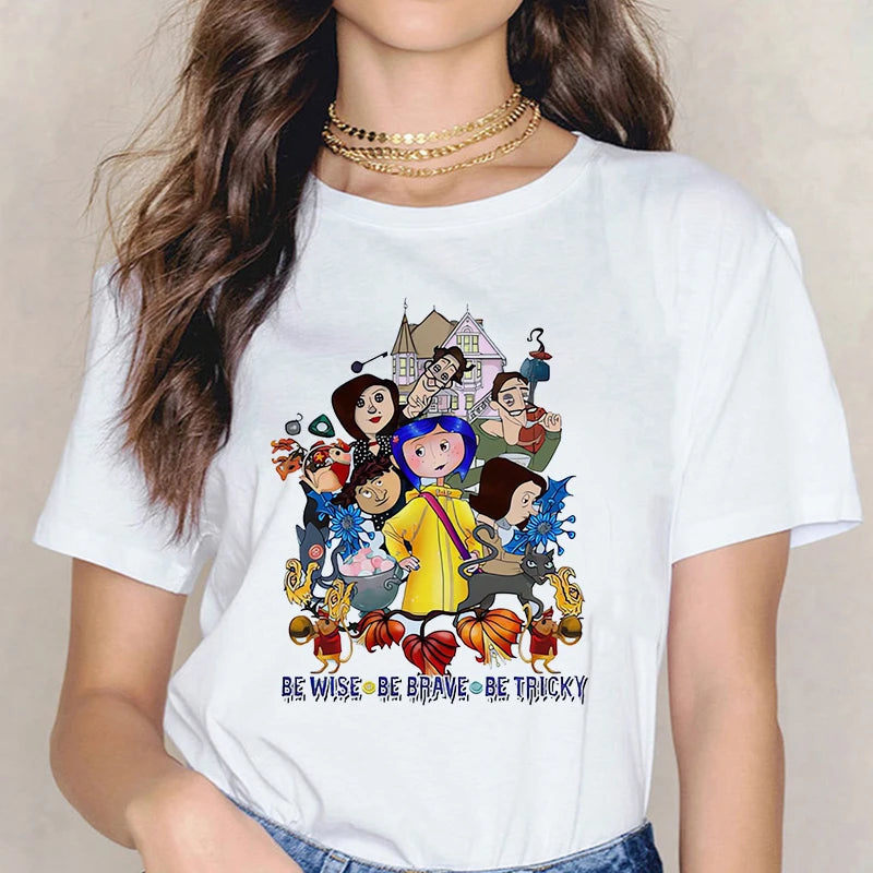 Fashion Horror Movie Tee Shirt Coraline Doll Dreams Y2k T-shirt Women Vintage Gothic Tshirt Halloween Graphic Tops Clothes