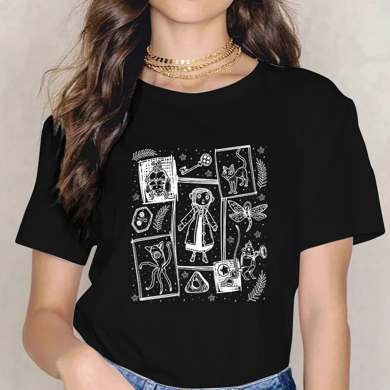 Fashion Horror Movie Tee Shirt Coraline Doll Dreams Y2k T-shirt Women Vintage Gothic Tshirt Halloween Graphic Tops Clothes