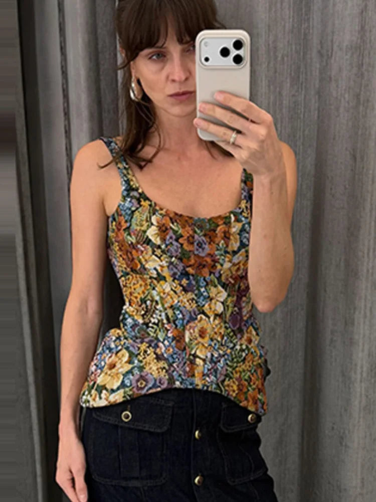 Chic Floral Printed Cami Corset Top Thin Straps U Neck Structured Waist Pointed Hem Vintage 2026 Spring Summer Vacation Lady Top