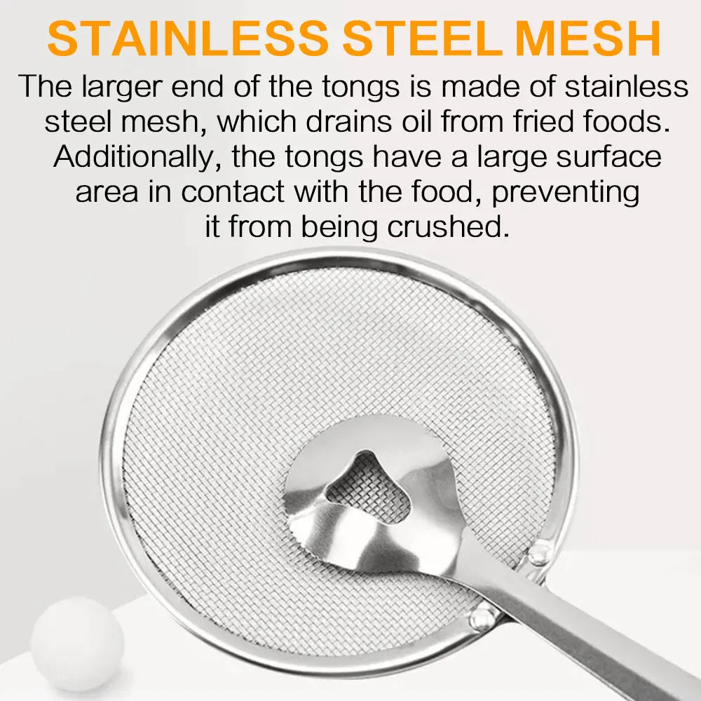 Premium Durable Stainless Steel Fine Mesh Strainer Spoon with Clip Multifunctional Kitchen Oil Filter Colander Tong Cooking Utensil Heat Resistant Kitchenware Gadget for Fried Food Salad BBQ Serving Tong Supplies