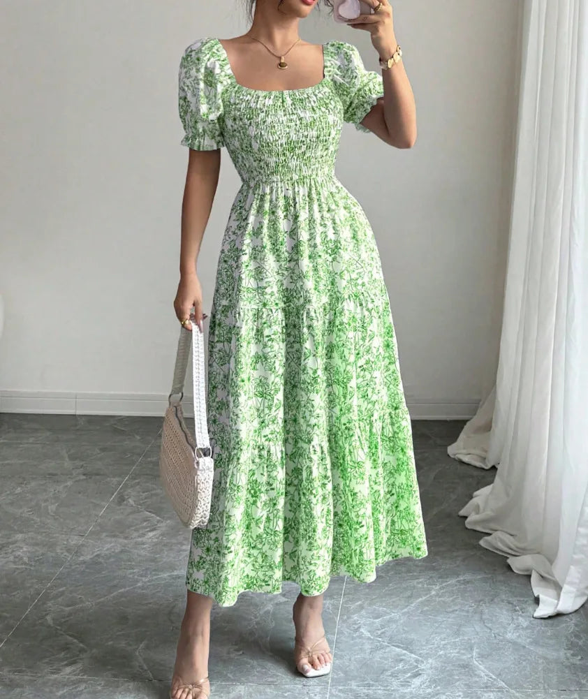 Spring and Autumn Women's Square Neck Short Sleeve Long Skirt Fresh Printed Casual Fashion Slight Backless Temperament Dress