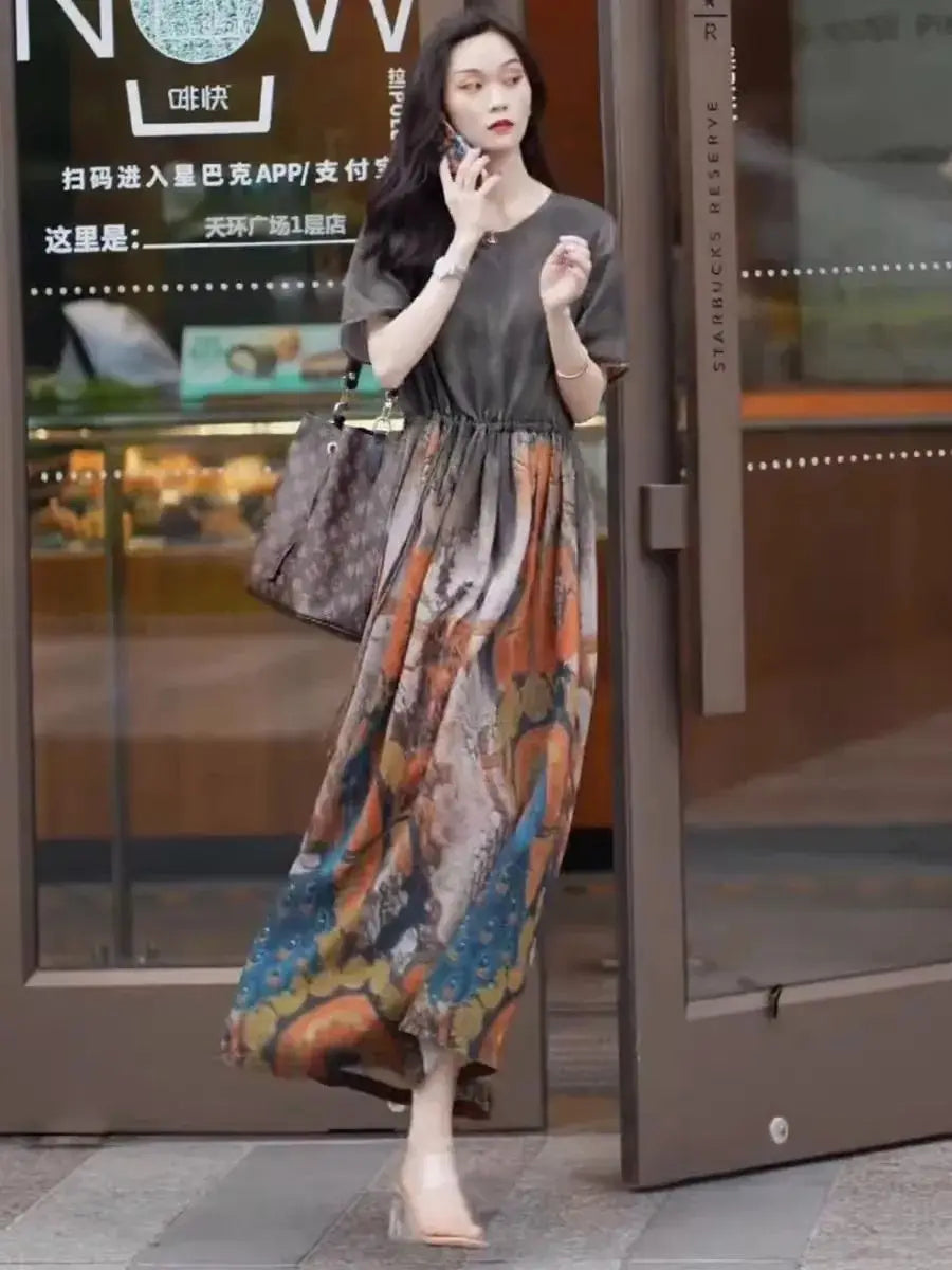 Fashionable Dress for Women 2025 Summer New Retro Drawstring Waist-hugging Long A-line Skirt