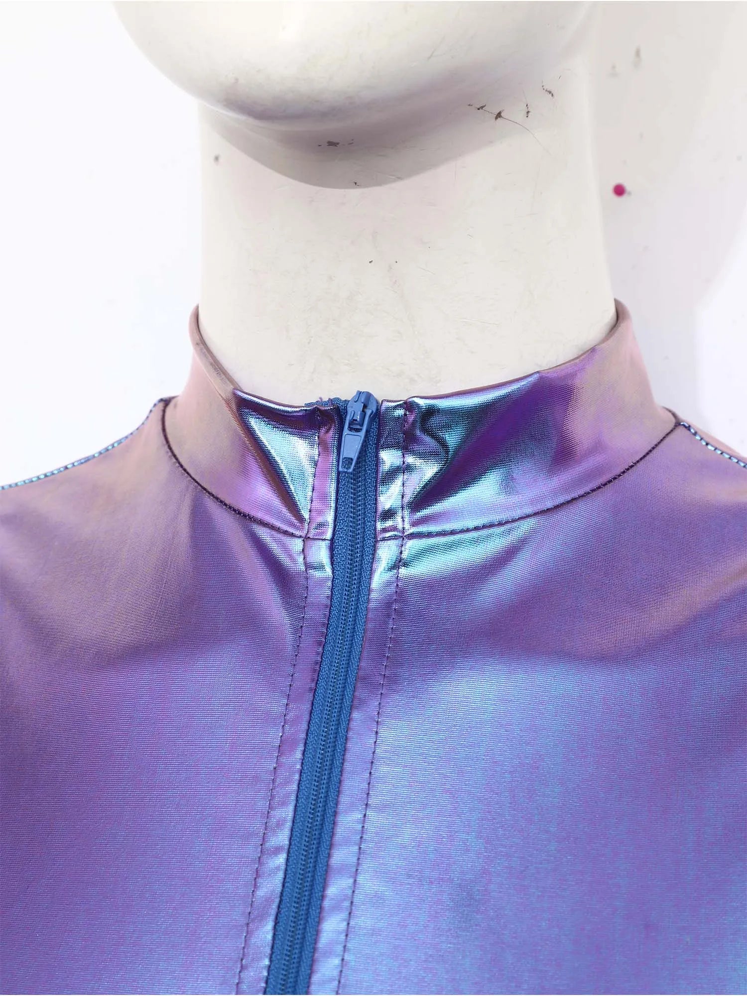 Womens Shiny Metallic Sleeveless Bodysuit Holographic Mock Neck Front Zipper High Cut Leotard Rave Festival Outfits Clubwear