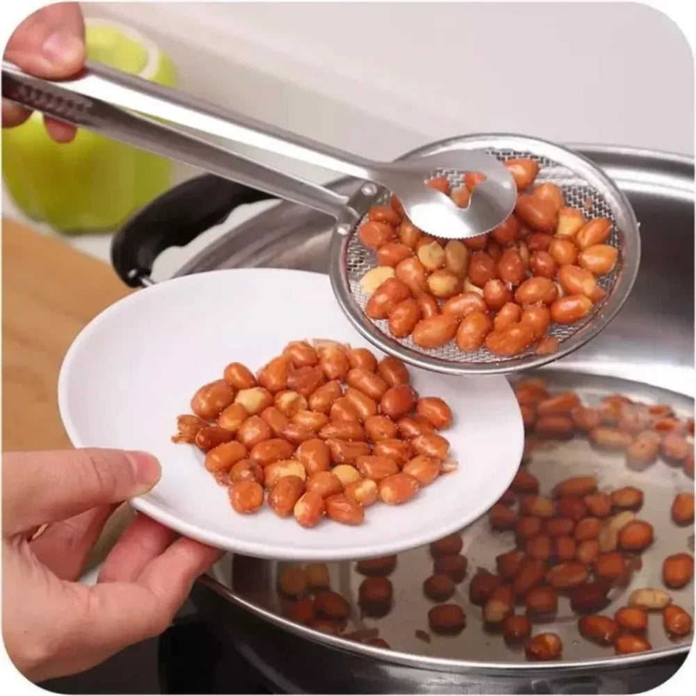 Premium Durable Stainless Steel Fine Mesh Strainer Spoon with Clip Multifunctional Kitchen Oil Filter Colander Tong Cooking Utensil Heat Resistant Kitchenware Gadget for Fried Food Salad BBQ Serving Tong Supplies