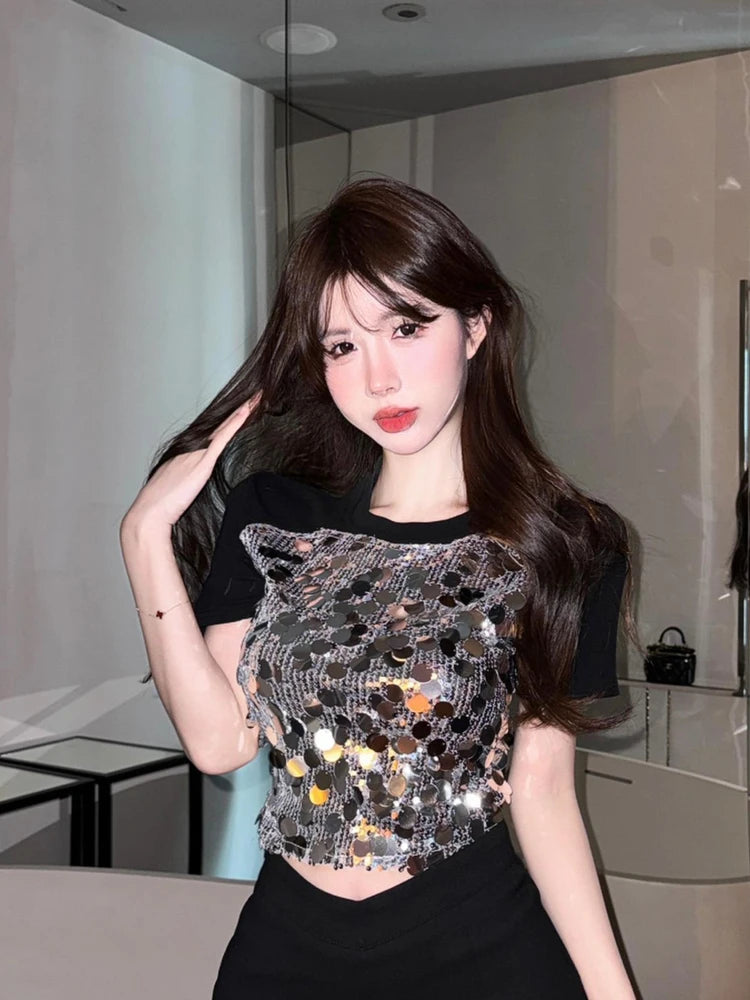 Rhinestone Slim Black Tops Woman Sexy Crop Clearance Y2k Fashion Korea Pulovers Trending Clothing Vintage Kpop T Shirt for Women