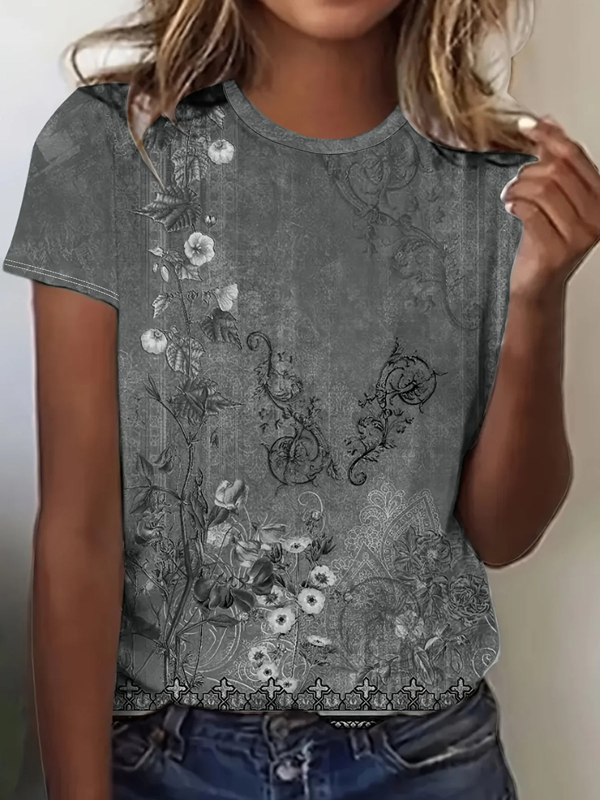 Women's Tee - Vintage Floral Lace Pattern Graphic, Elegant Retro Print Design for Casual Daily Wear