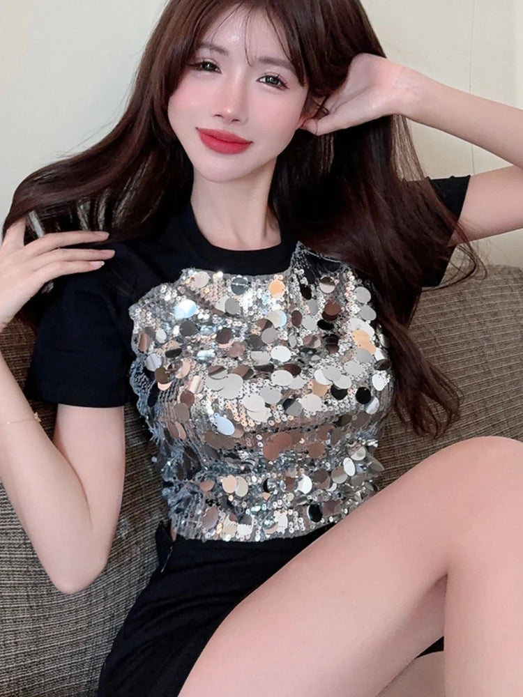 Rhinestone Slim Black Tops Woman Sexy Crop Clearance Y2k Fashion Korea Pulovers Trending Clothing Vintage Kpop T Shirt for Women
