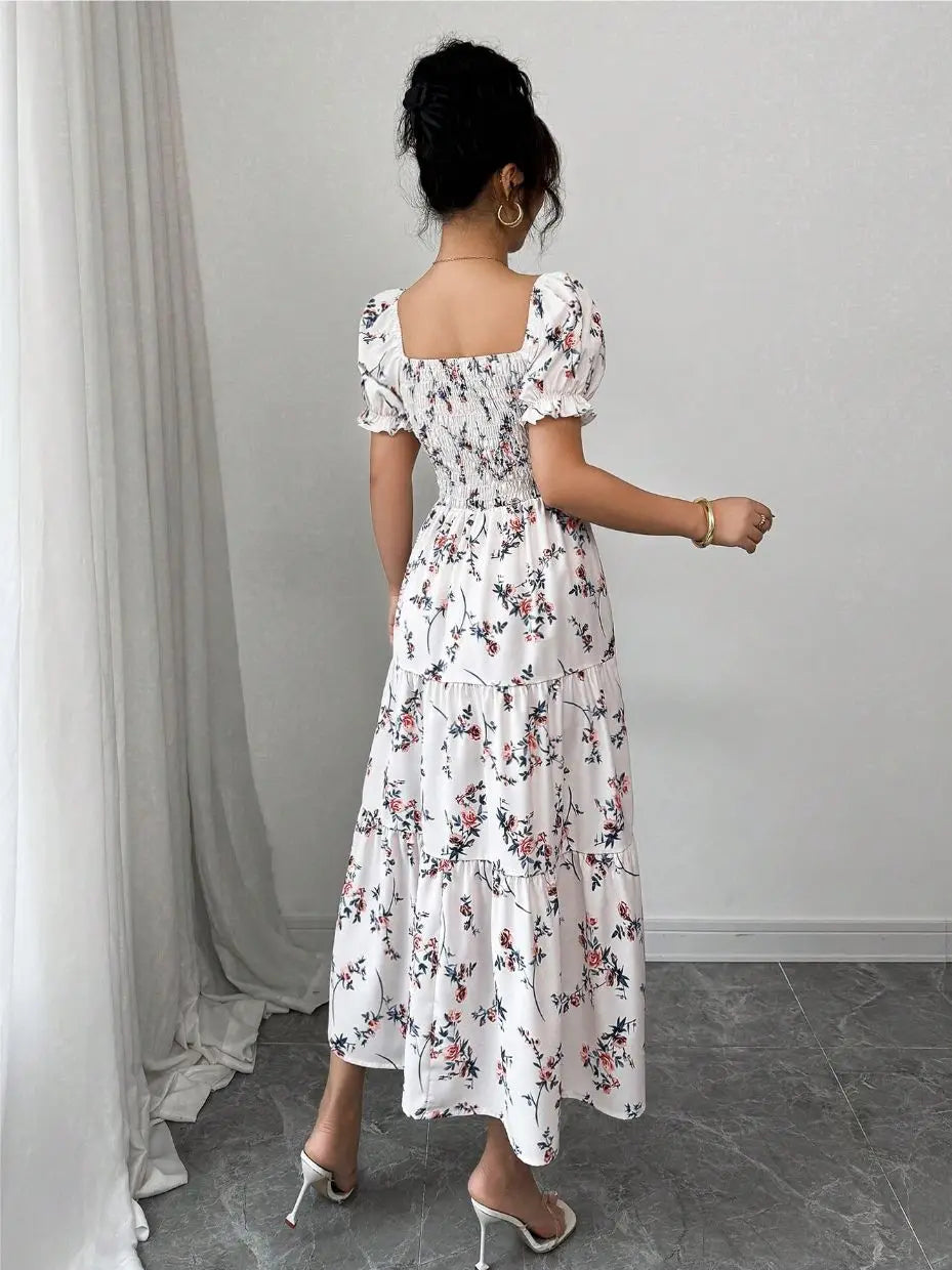 Spring and Autumn Women's Square Neck Short Sleeve Long Skirt Fresh Printed Casual Fashion Slight Backless Temperament Dress