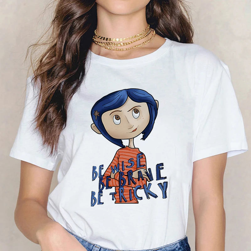 Fashion Horror Movie Tee Shirt Coraline Doll Dreams Y2k T-shirt Women Vintage Gothic Tshirt Halloween Graphic Tops Clothes