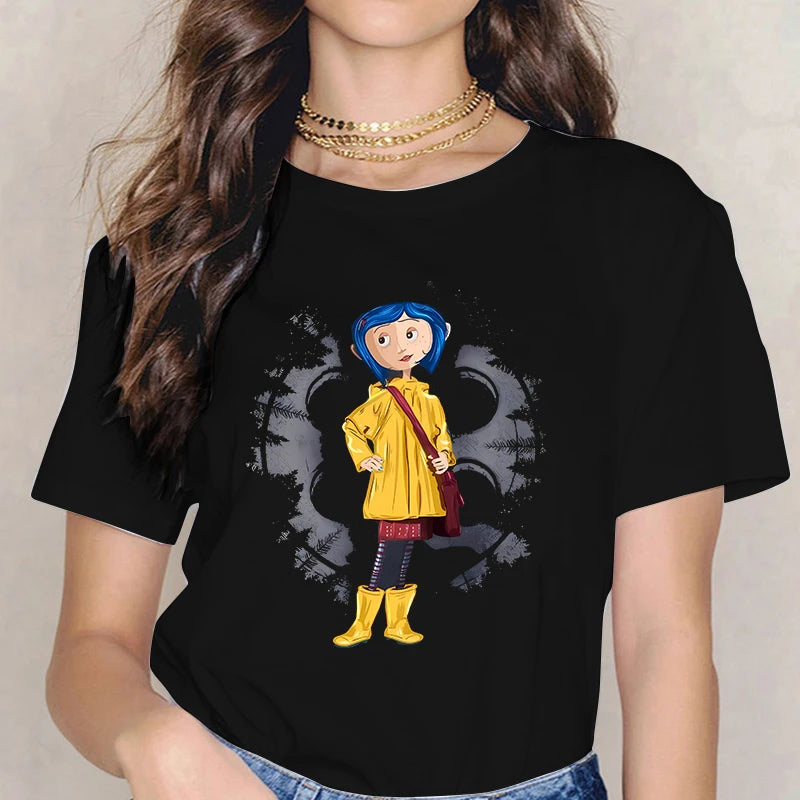 Fashion Horror Movie Tee Shirt Coraline Doll Dreams Y2k T-shirt Women Vintage Gothic Tshirt Halloween Graphic Tops Clothes