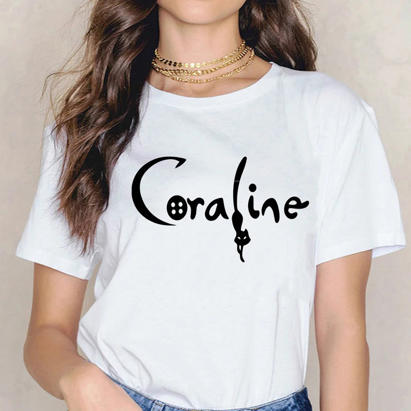 Fashion Horror Movie Tee Shirt Coraline Doll Dreams Y2k T-shirt Women Vintage Gothic Tshirt Halloween Graphic Tops Clothes