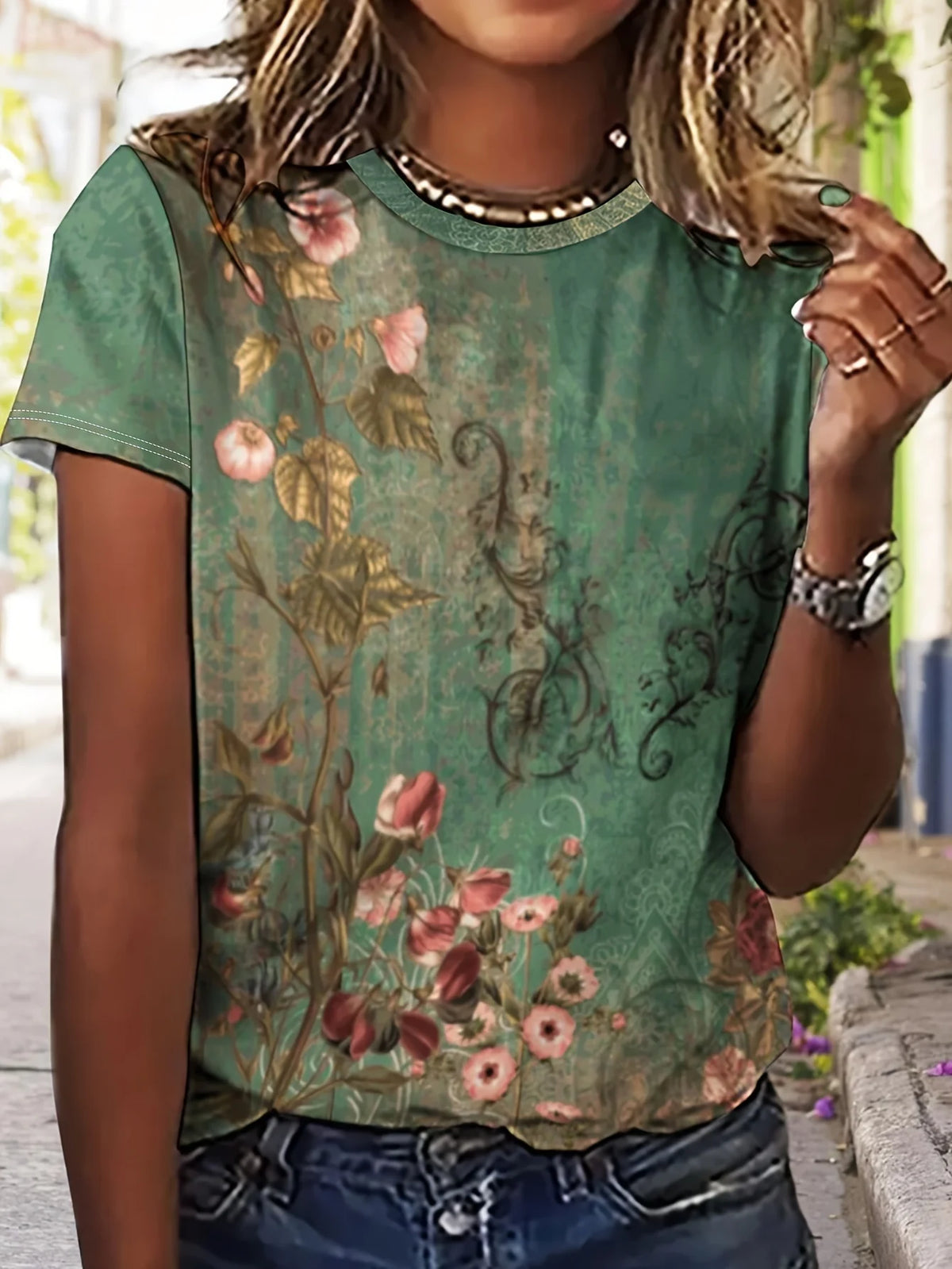 Women's Tee - Vintage Floral Lace Pattern Graphic, Elegant Retro Print Design for Casual Daily Wear