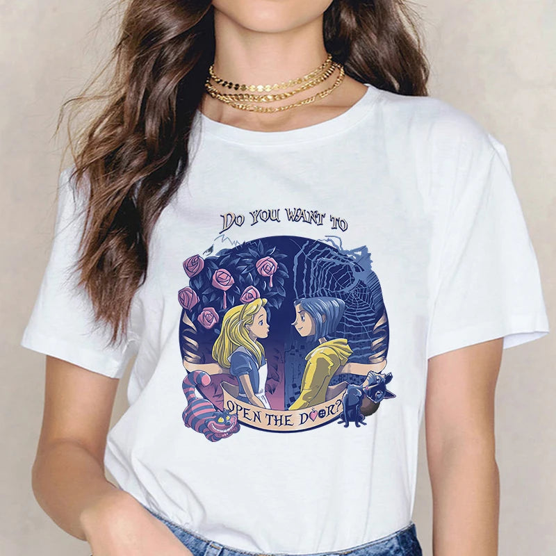Fashion Horror Movie Tee Shirt Coraline Doll Dreams Y2k T-shirt Women Vintage Gothic Tshirt Halloween Graphic Tops Clothes