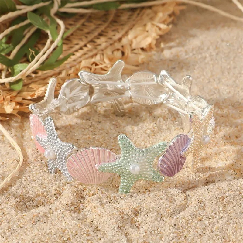 Exaggerated Metal Starfish Shell Open Cuff Bangle European American Y2K Trend Bracelet For Women Summer Beach Party Fashion Jewelry Gift