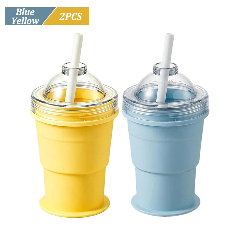 Portable Foldable Ice Ball Cup Food Grade Silicone Ice Ball Mold with Straw for Whiskey Cocktails Reusable Travel Water Bottle