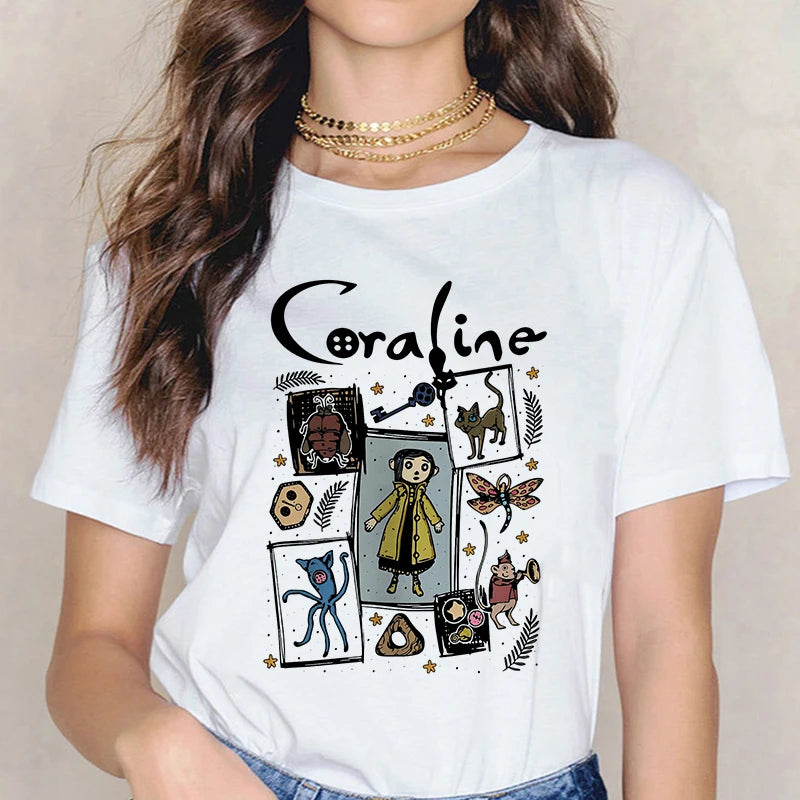 Fashion Horror Movie Tee Shirt Coraline Doll Dreams Y2k T-shirt Women Vintage Gothic Tshirt Halloween Graphic Tops Clothes