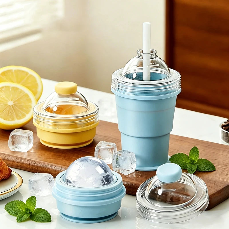 Portable Foldable Ice Ball Cup Food Grade Silicone Ice Ball Mold with Straw for Whiskey Cocktails Reusable Travel Water Bottle