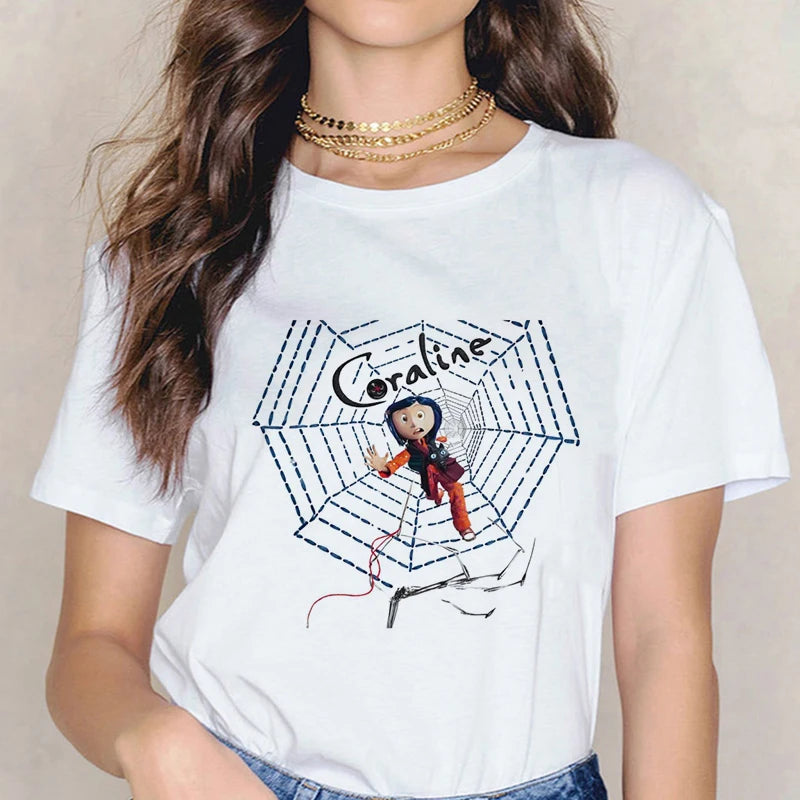Fashion Horror Movie Tee Shirt Coraline Doll Dreams Y2k T-shirt Women Vintage Gothic Tshirt Halloween Graphic Tops Clothes