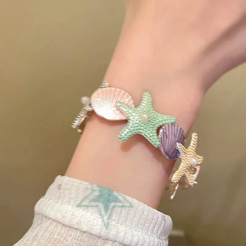 Exaggerated Metal Starfish Shell Open Cuff Bangle European American Y2K Trend Bracelet For Women Summer Beach Party Fashion Jewelry Gift