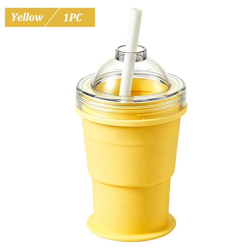 Portable Foldable Ice Ball Cup Food Grade Silicone Ice Ball Mold with Straw for Whiskey Cocktails Reusable Travel Water Bottle
