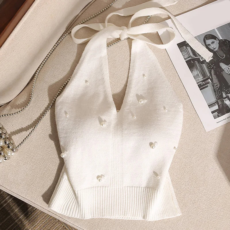 1pc Fashion French Beaded Halter Neck Tie Knot Backless Knitted Vest For Women