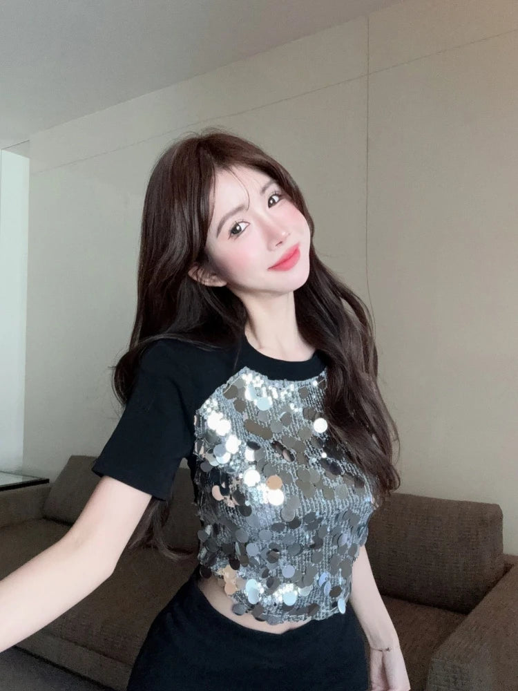 Rhinestone Slim Black Tops Woman Sexy Crop Clearance Y2k Fashion Korea Pulovers Trending Clothing Vintage Kpop T Shirt for Women