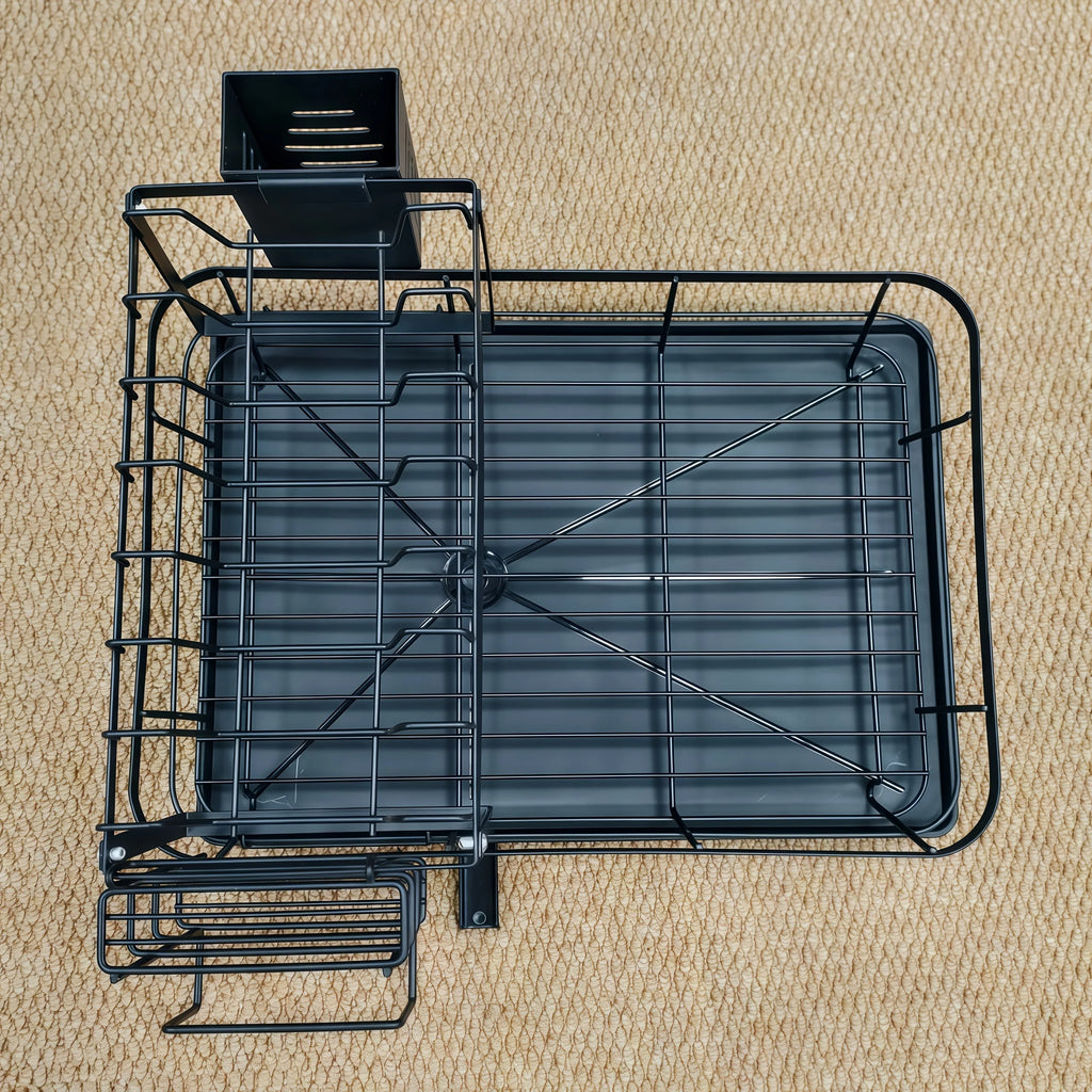 2-Tier Expandable Dish Drying Rack, Metal Kitchen Dish Rack and Drainboard Set with Knife Fork Holder & Cutting Board Organizer for Countertop