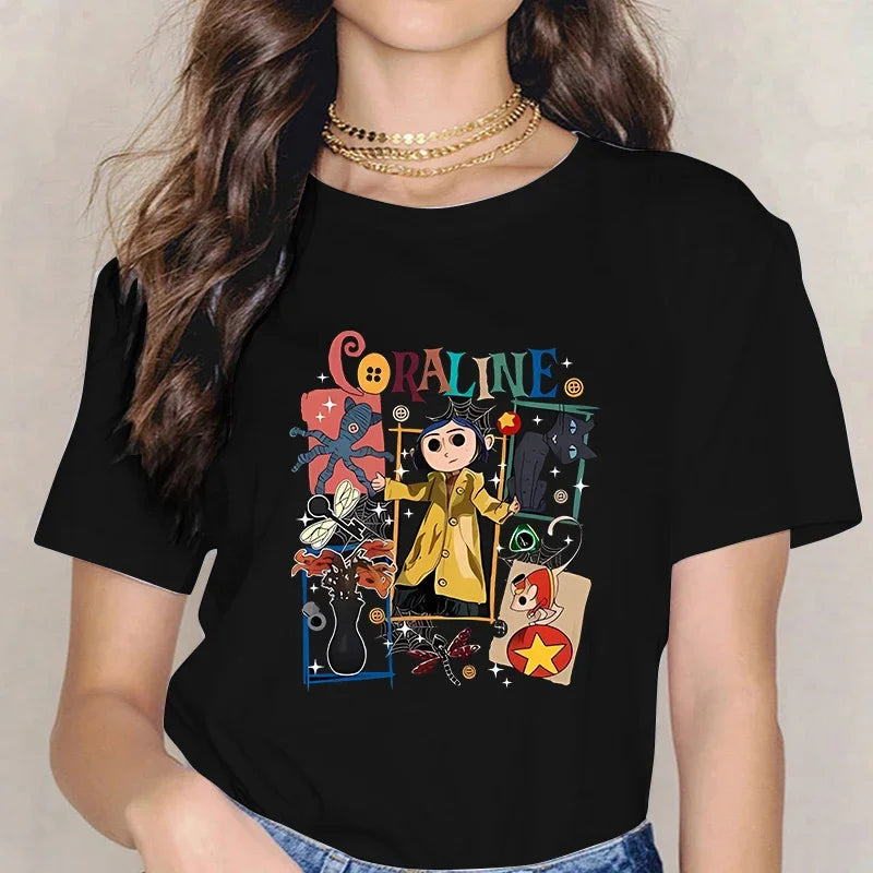 Fashion Horror Movie Tee Shirt Coraline Doll Dreams Y2k T-shirt Women Vintage Gothic Tshirt Halloween Graphic Tops Clothes