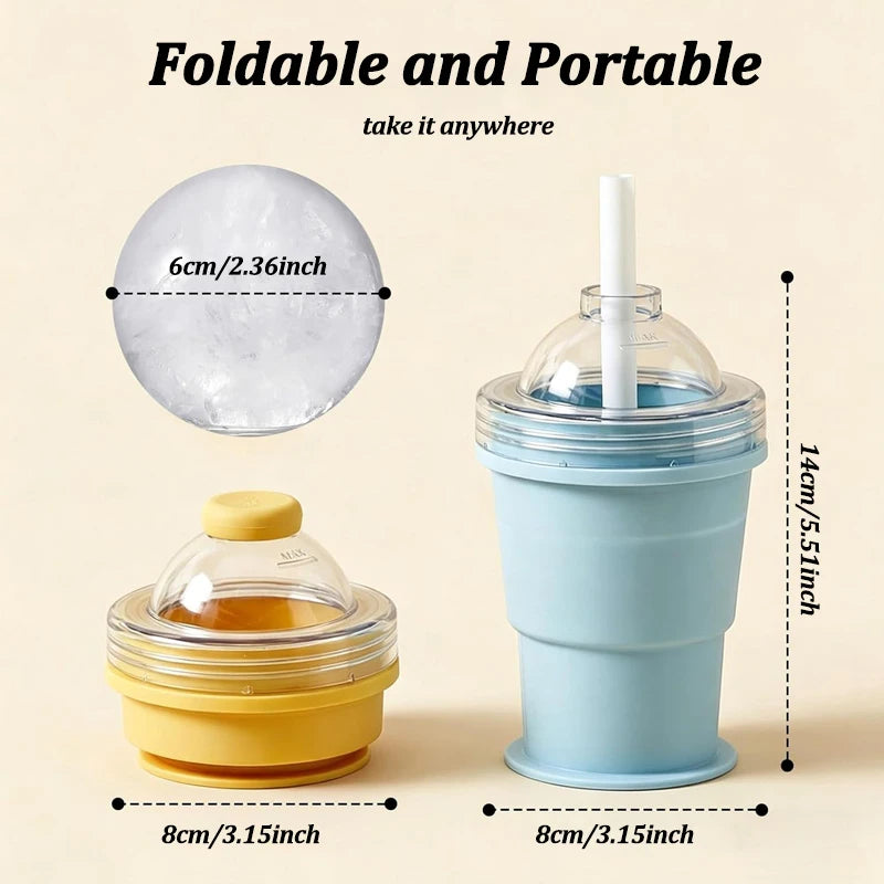 Portable Foldable Ice Ball Cup Food Grade Silicone Ice Ball Mold with Straw for Whiskey Cocktails Reusable Travel Water Bottle
