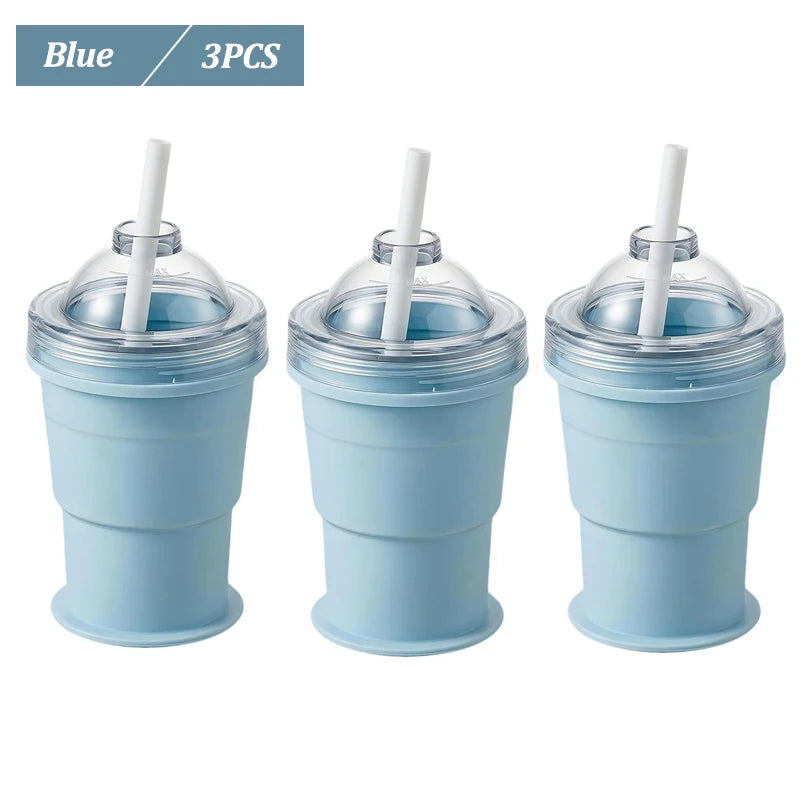 Portable Foldable Ice Ball Cup Food Grade Silicone Ice Ball Mold with Straw for Whiskey Cocktails Reusable Travel Water Bottle