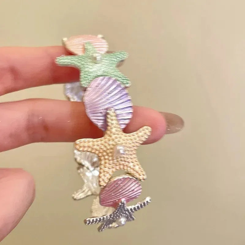 Exaggerated Metal Starfish Shell Open Cuff Bangle European American Y2K Trend Bracelet For Women Summer Beach Party Fashion Jewelry Gift